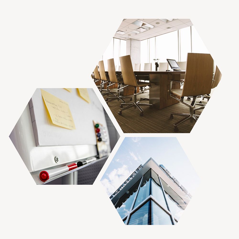 Corporate office badge, architecture, interior photo in hexagon shape