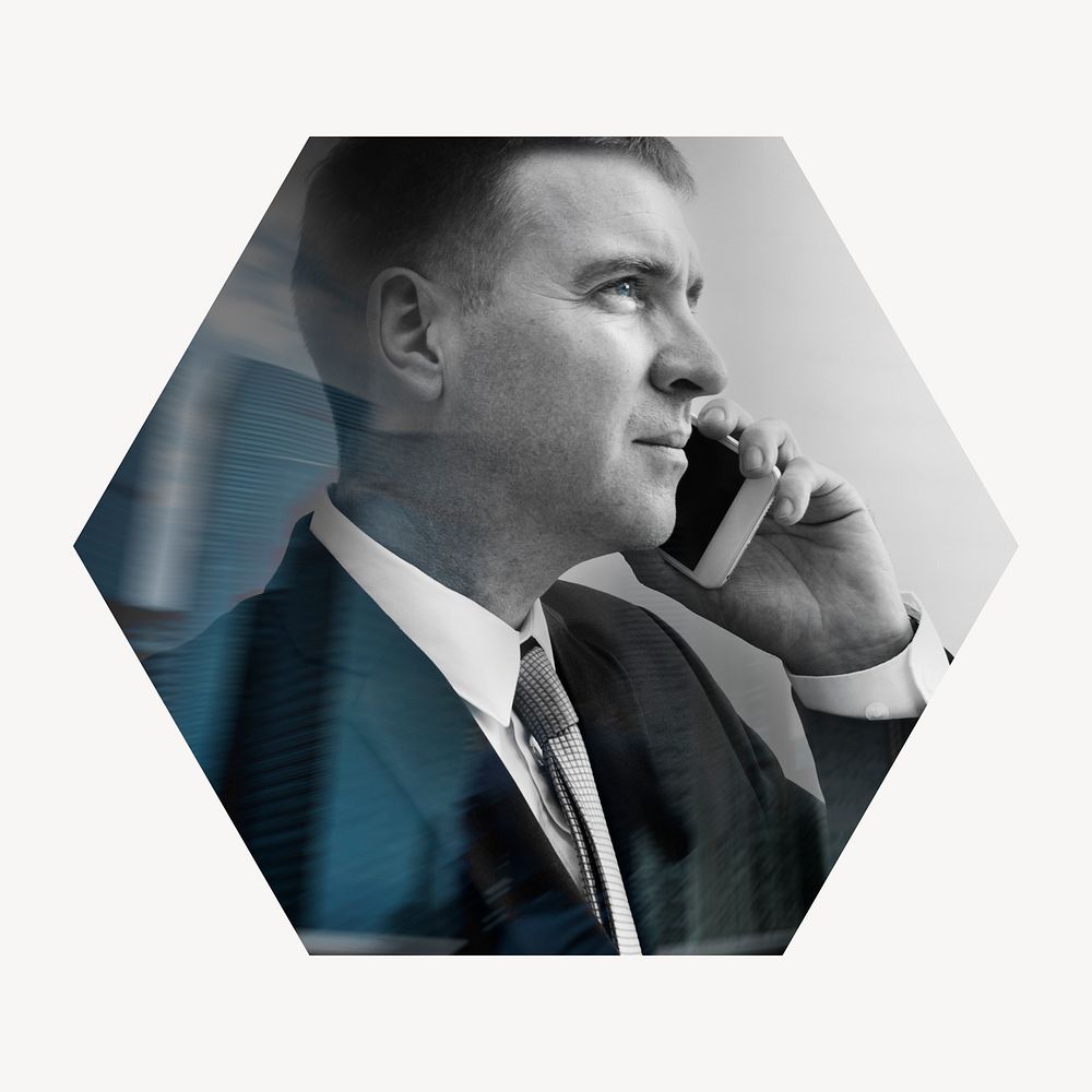 Businessman talking on phone badge, connection photo in hexagon shape