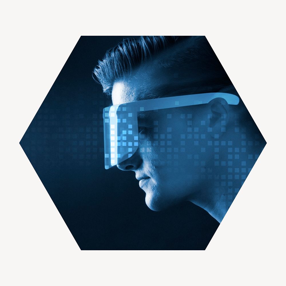 Smart glasses badge, futuristic technology remixed media photo in hexagon shape