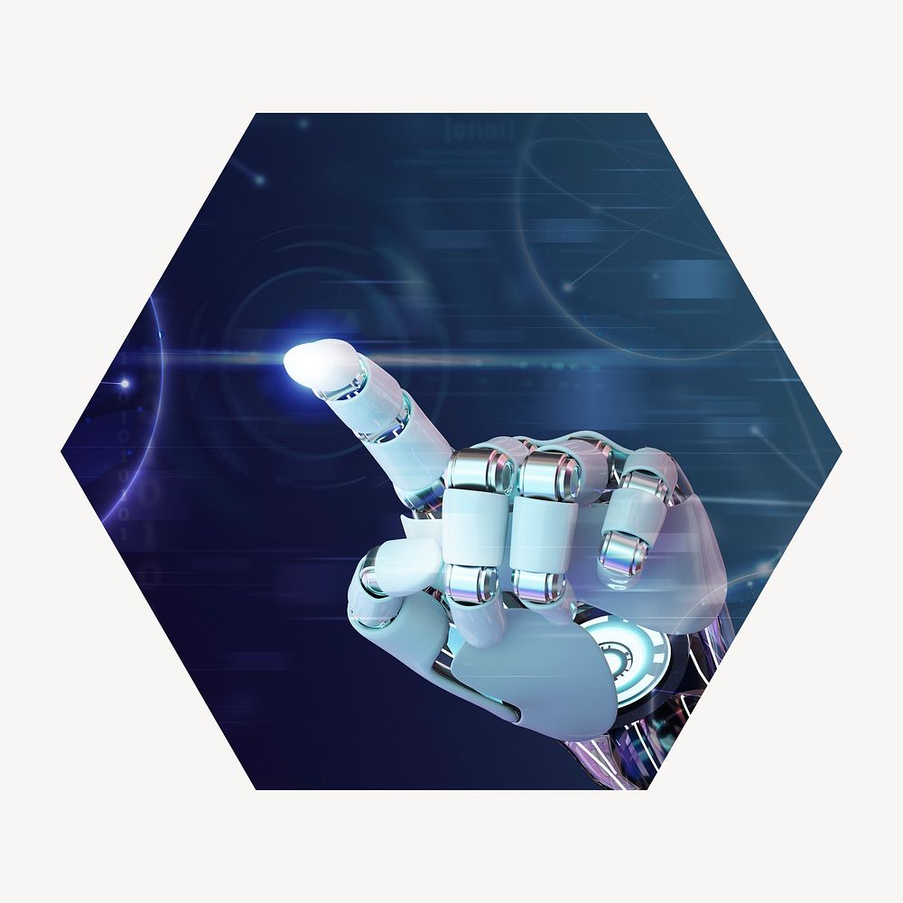 AI robot hand pointing finger badge, futuristic technology remixed media photo in hexagon shape