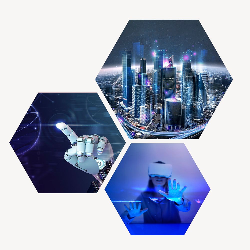 Futuristic technology badge, smart city, AI, VR remixed media photo in hexagon shape