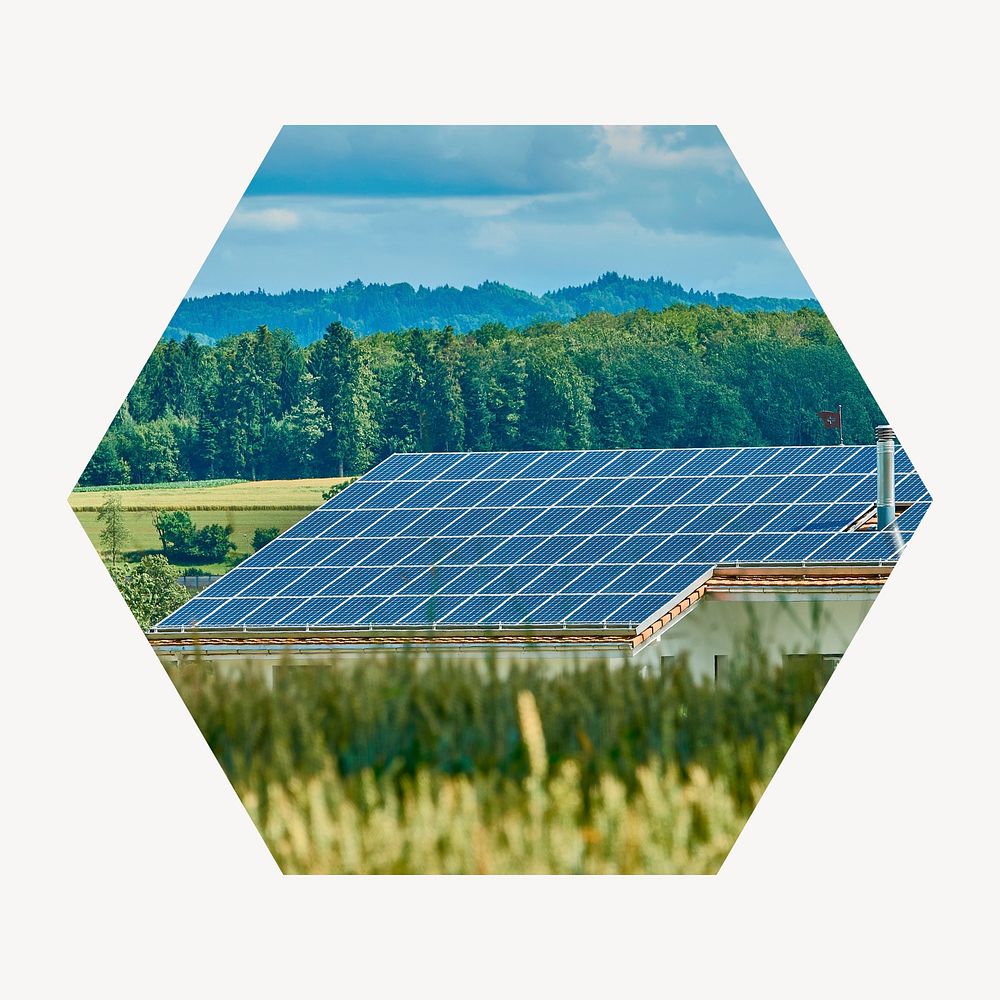 Solar panel badge, sustainable environment photo in hexagon shape