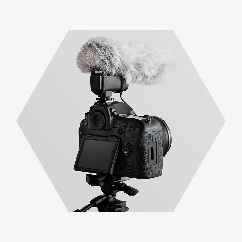 DSLR camera with mic badge, media photo in hexagon shape