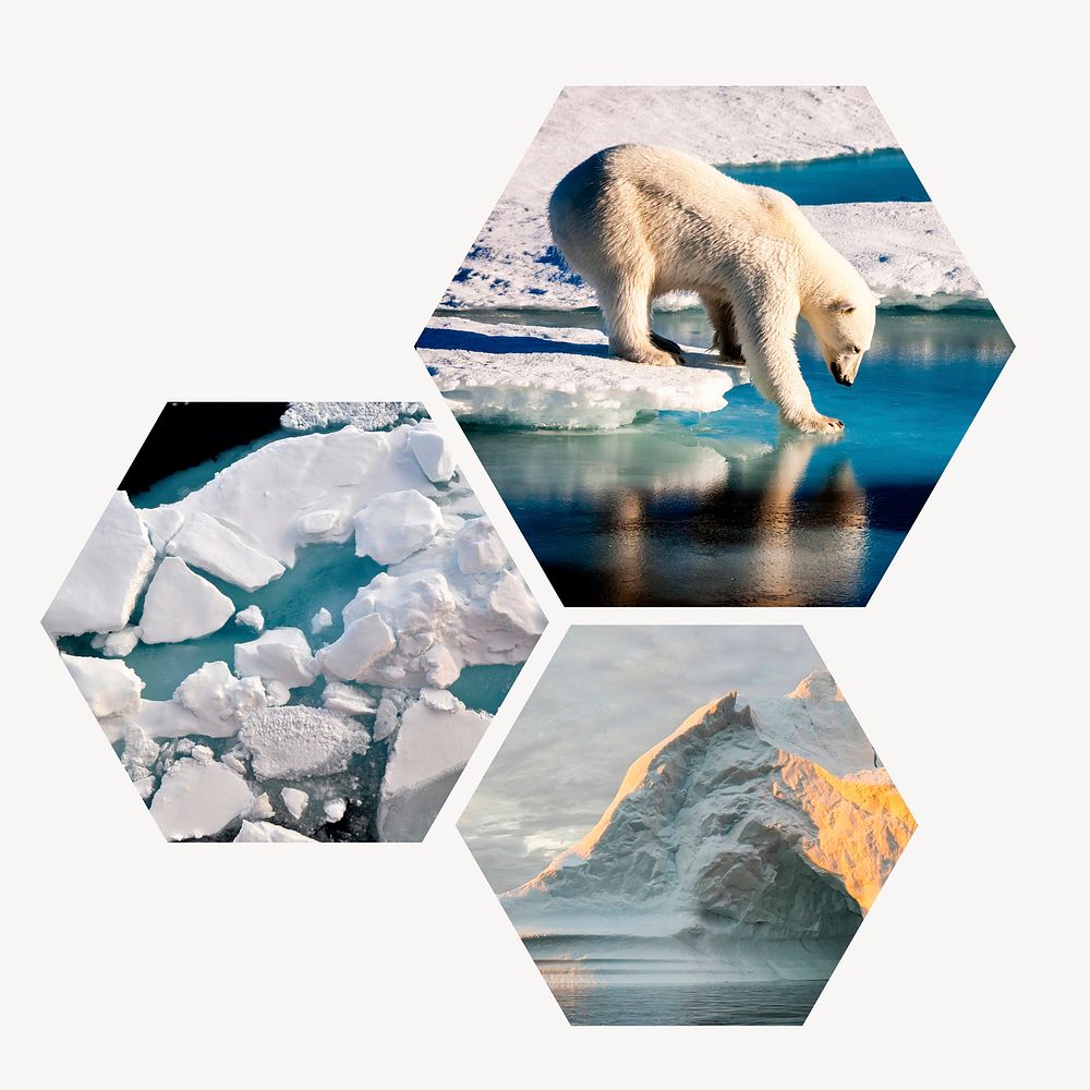 Melting ocean badge, global warming photo in hexagon shape