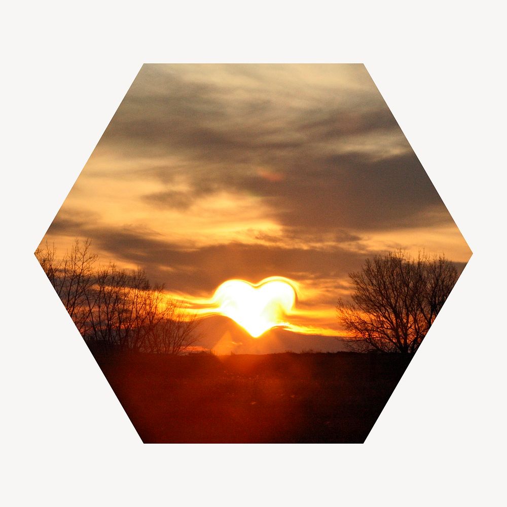 Heart sunset sky badge, nature photo in hexagon shape