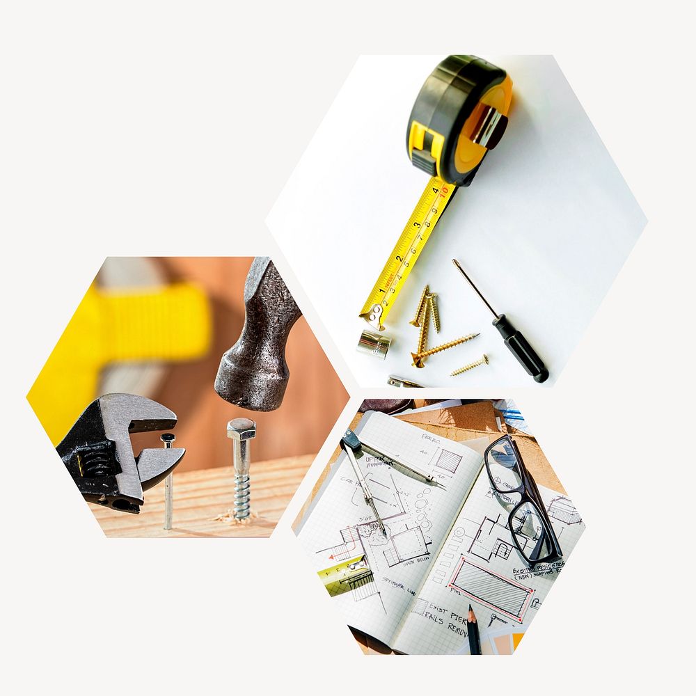 Carpenter job badge, technical tools photo in hexagon shape