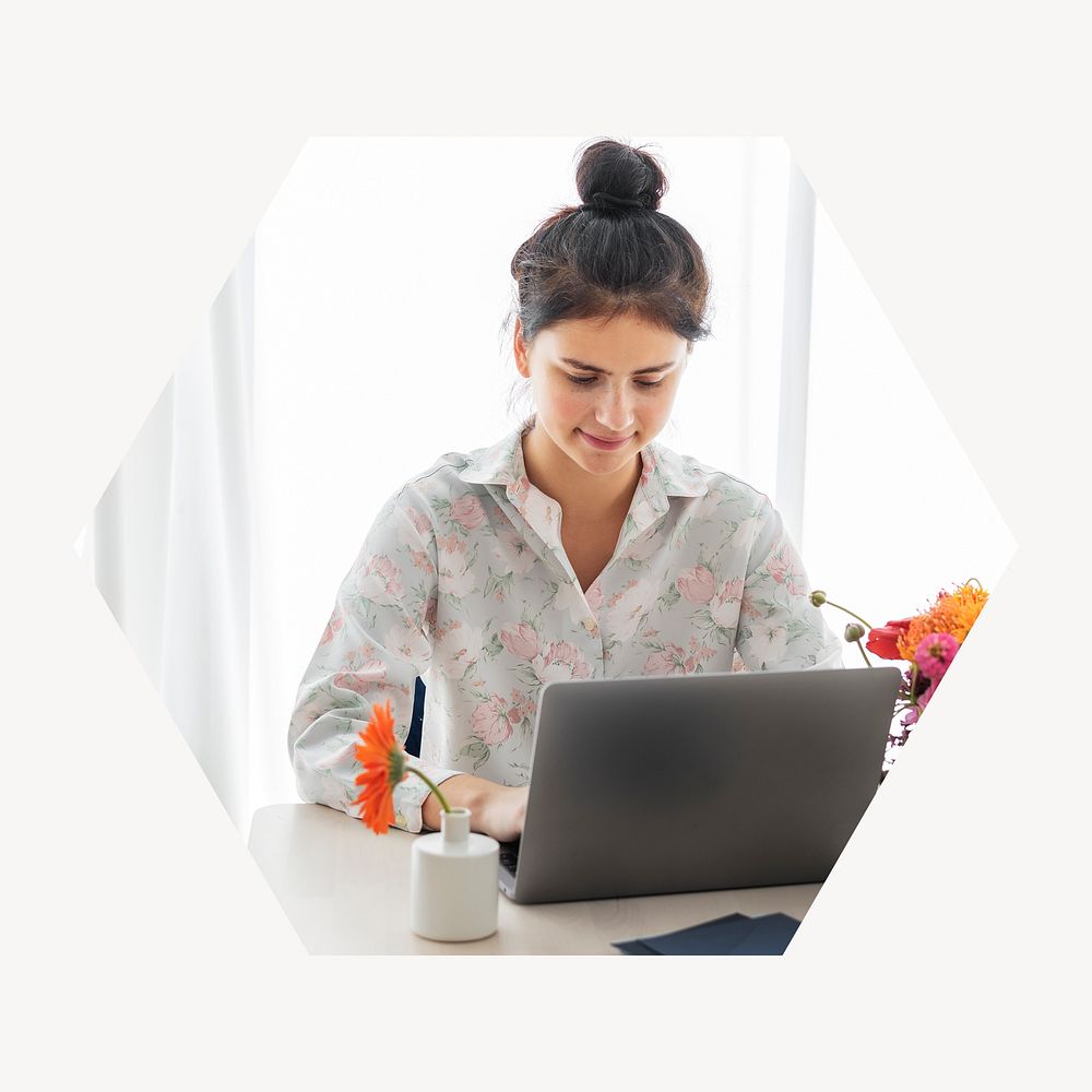 Woman working on laptop badge, job photo in hexagon shape