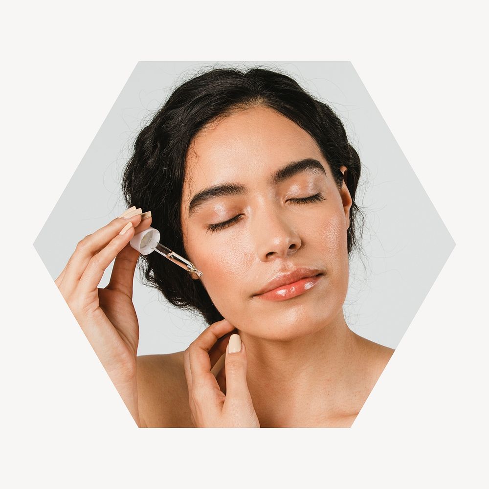 Woman applying serum badge, skincare routine photo in hexagon shape