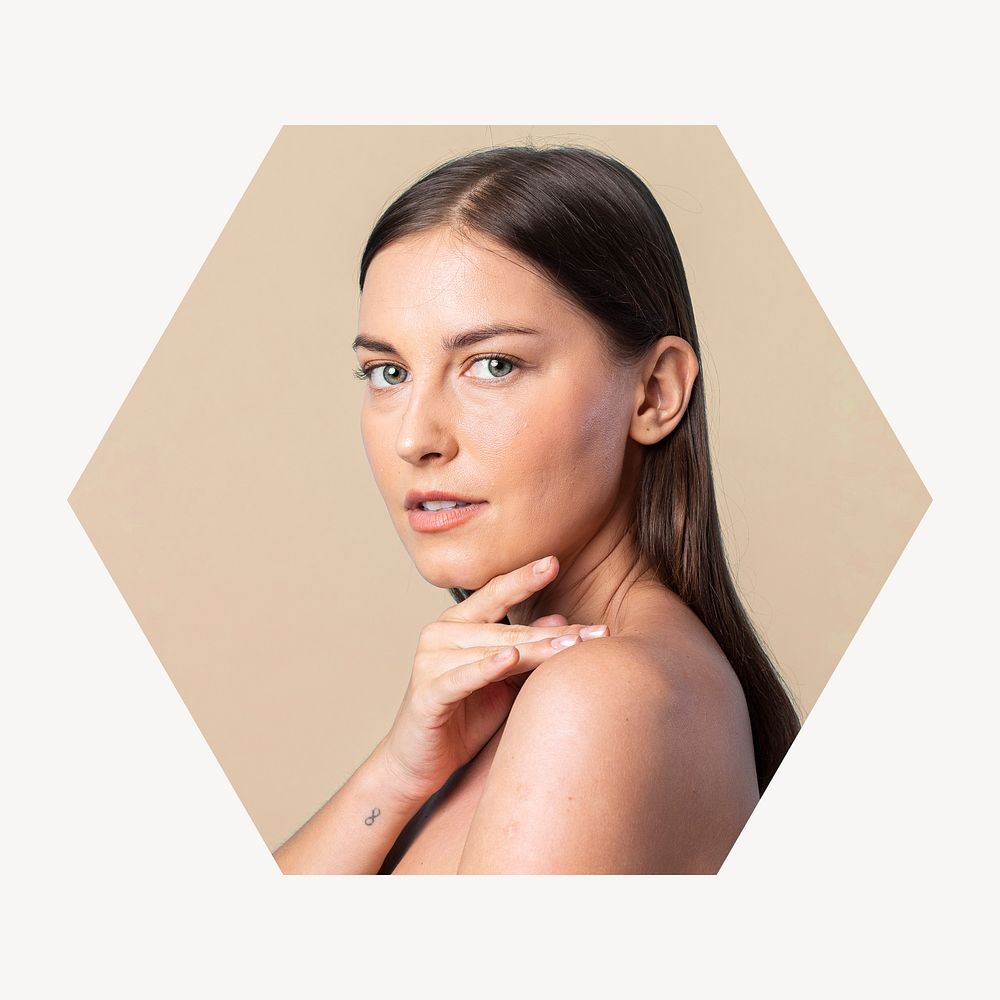 Brunette woman portrait badge, natural beauty photo in hexagon shape