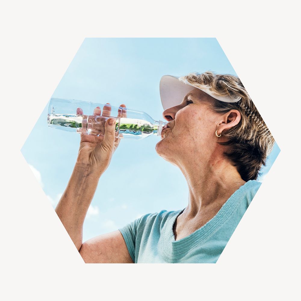 Senior woman drinking water badge, wellness photo in hexagon shape