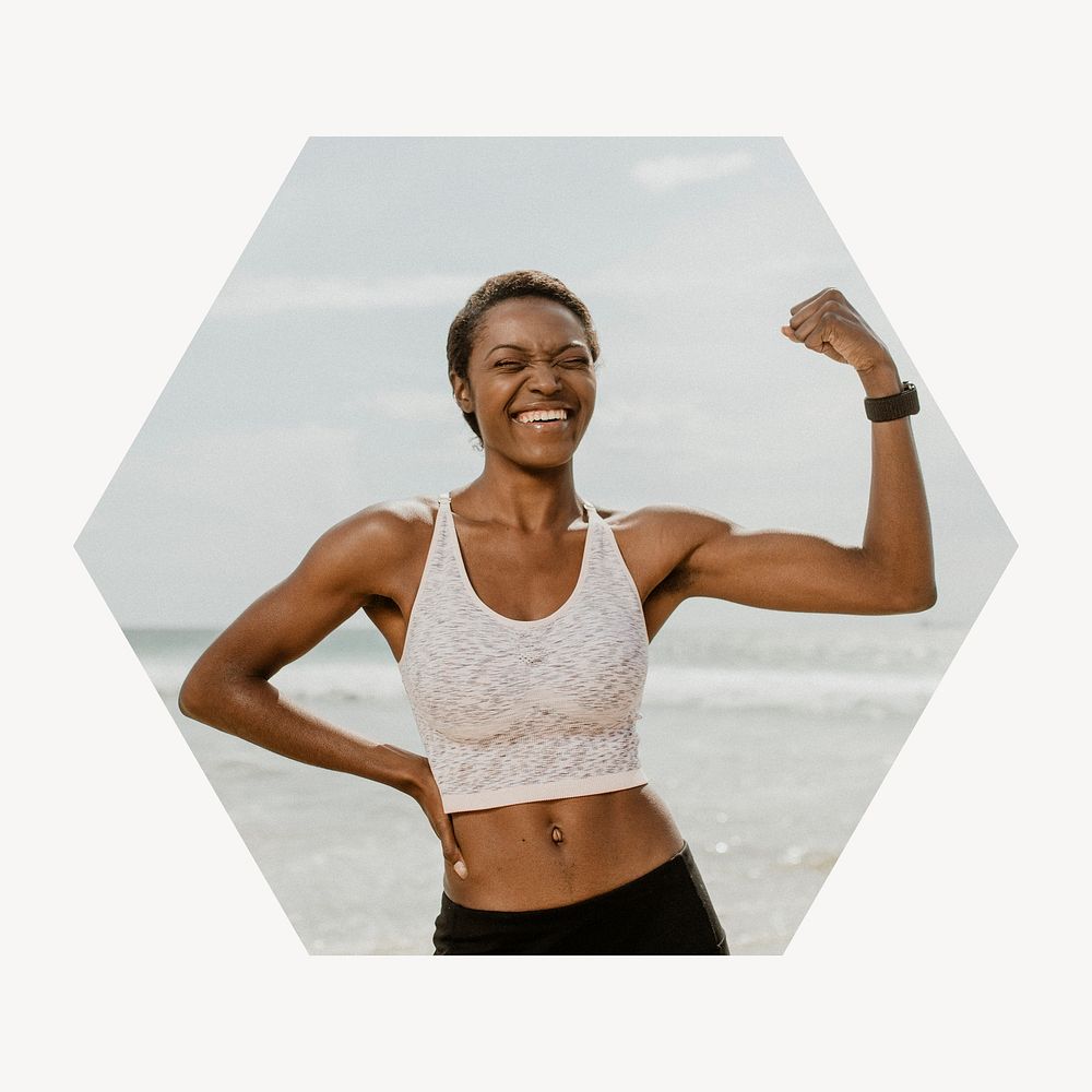 Healthy woman flexing muscle badge, wellness photo in hexagon shape