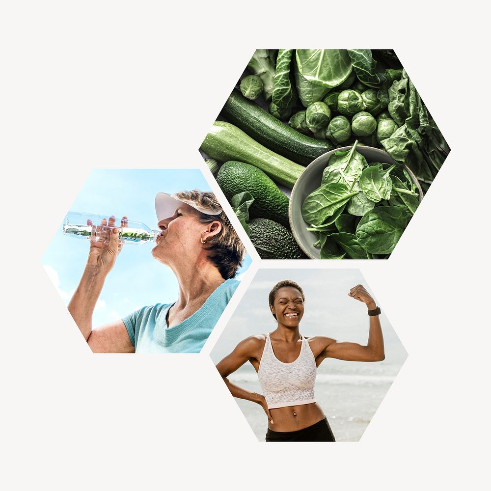 Healthy diet aesthetic badge, wellness photo in hexagon shape