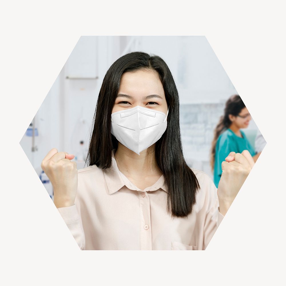 Cheerful woman wearing mask badge, COVID-19 safety photo in hexagon shape