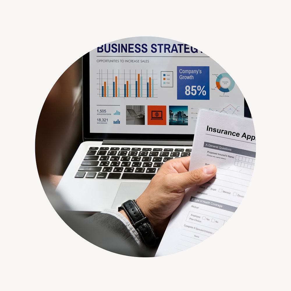 Business strategy badge, risk insurance photo in round shape