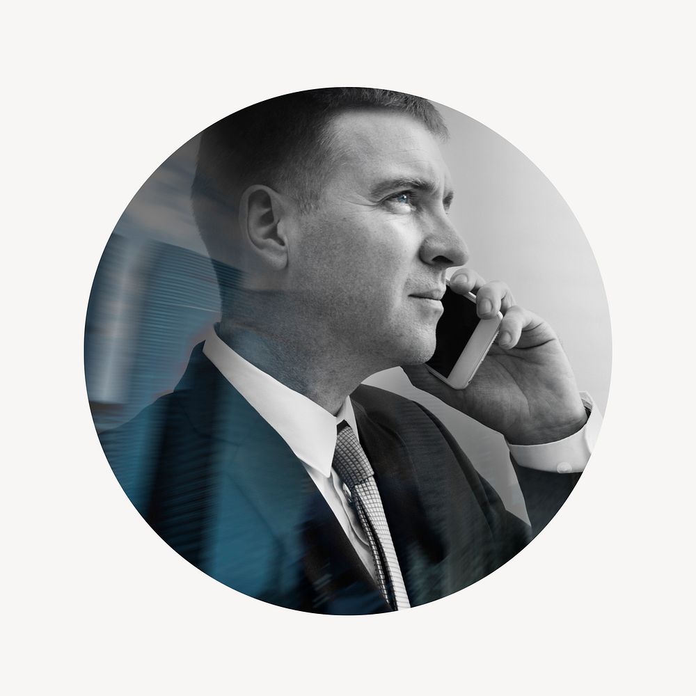 Businessman talking on phone badge, connection photo in round shape