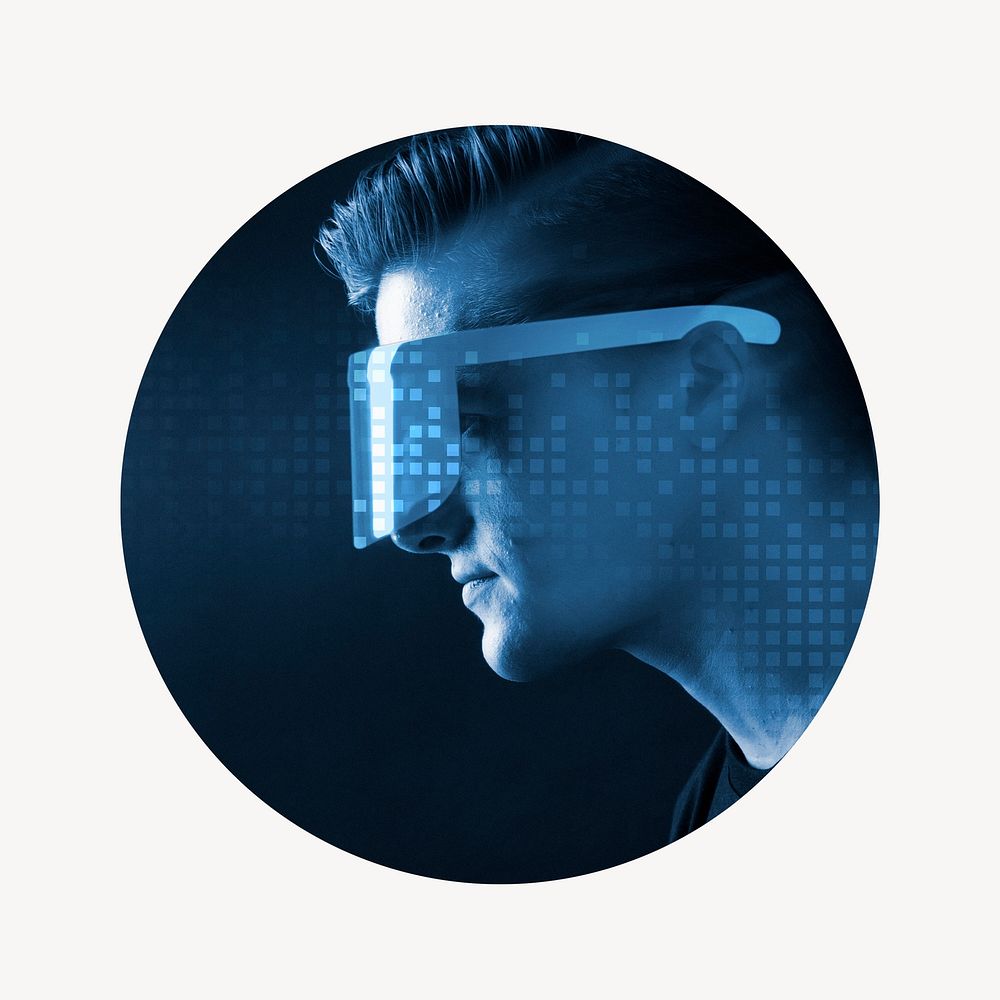 Smart glasses badge, futuristic technology remixed media photo in round shape