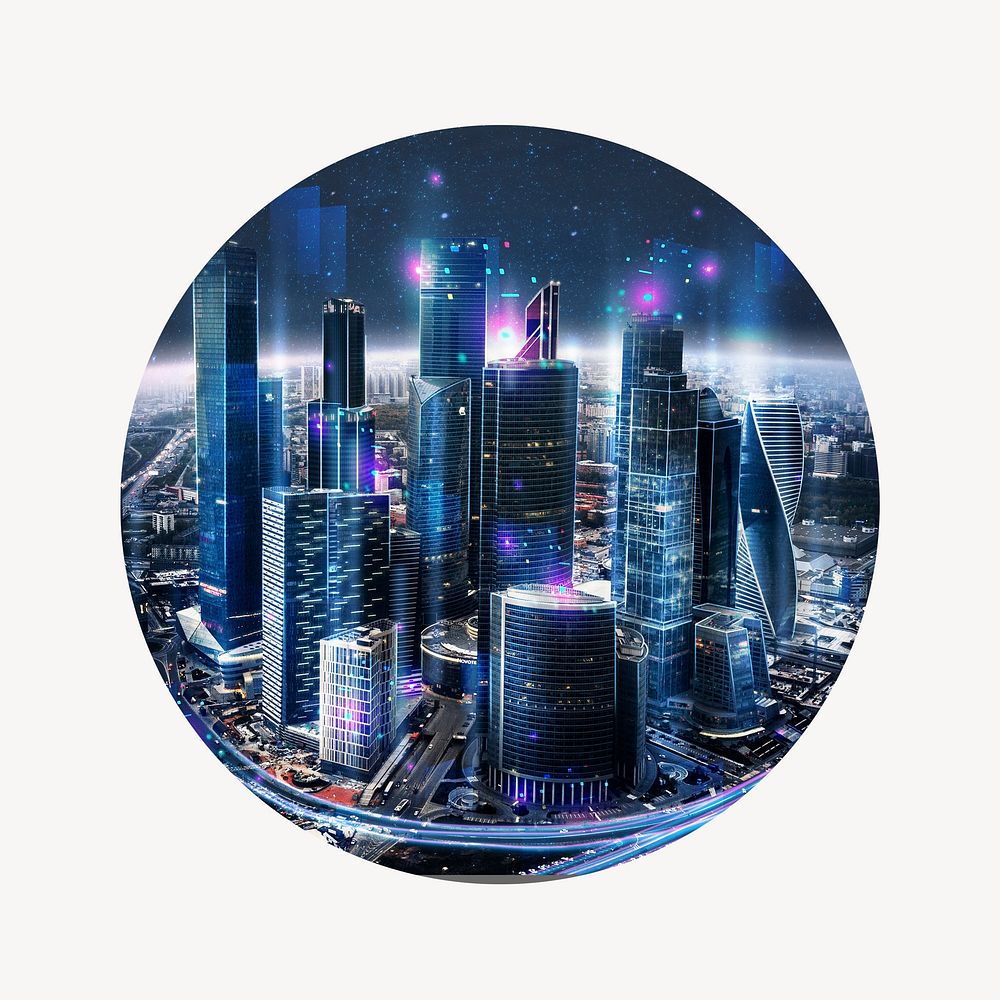 Smart city badge, futuristic technology remixed media photo in round shape