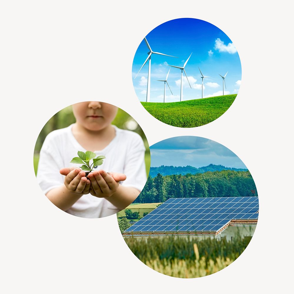 Renewable energy badge, sustainable environment photo in round shape