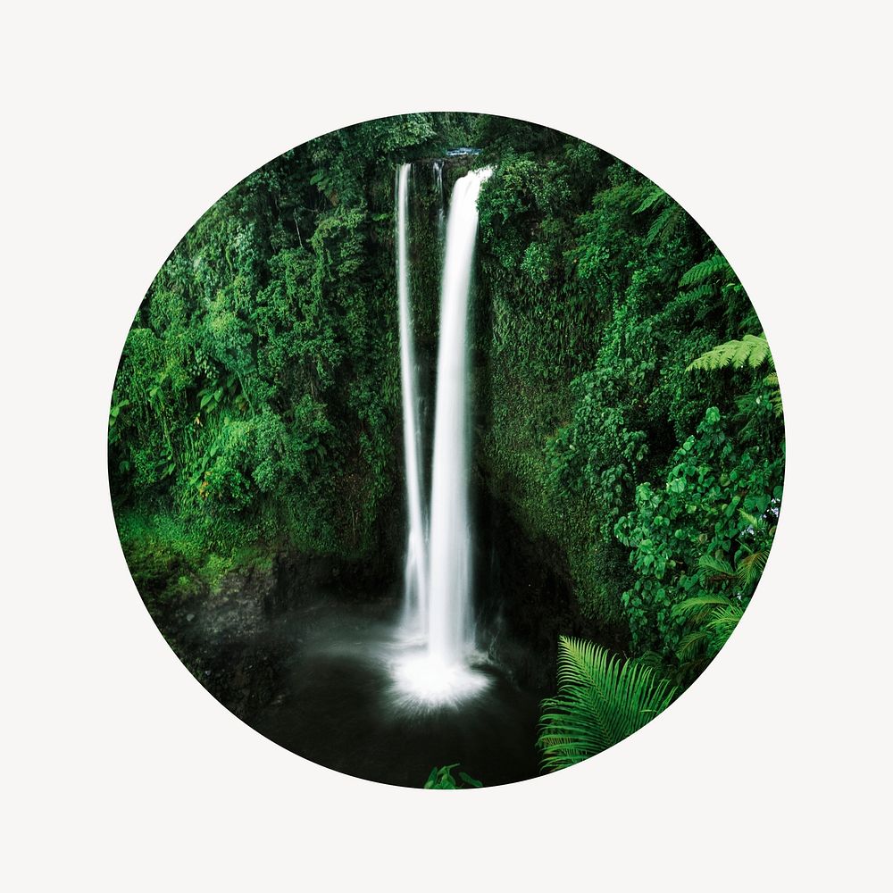 Beautiful waterfall png badge sticker, nature photo in round shape, transparent background