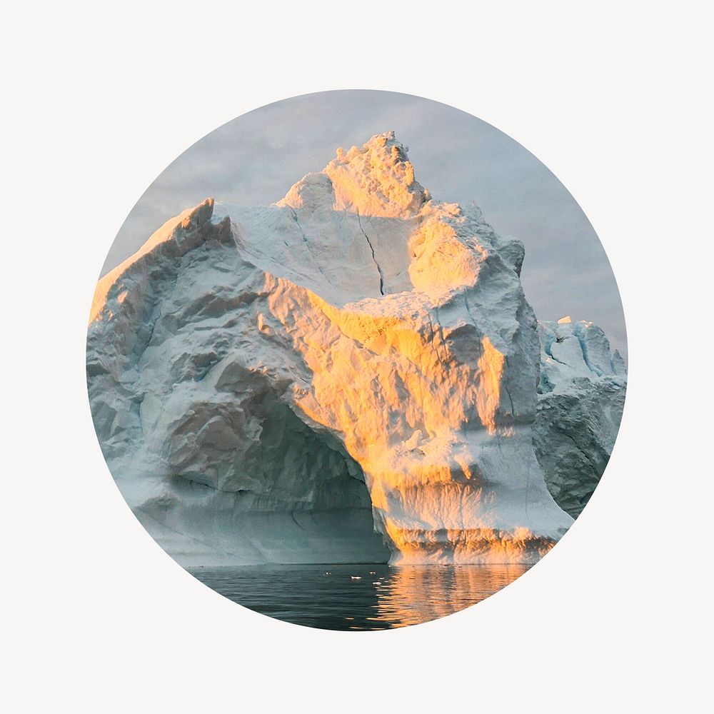 Melting iceberg badge, global warming photo in round shape