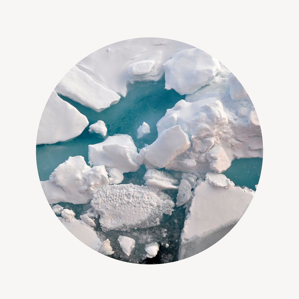 Melting ice badge, global warming photo in round shape