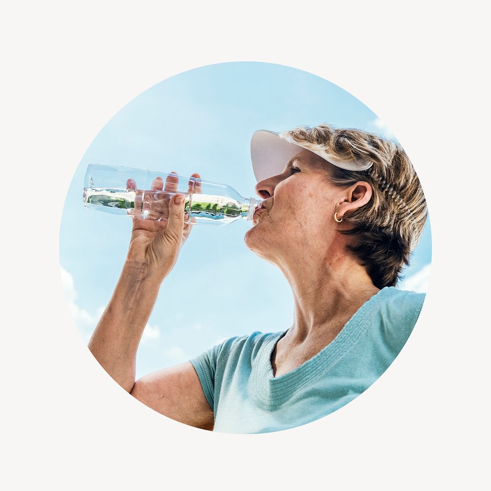 Senior woman drinking water badge, wellness photo in round shape