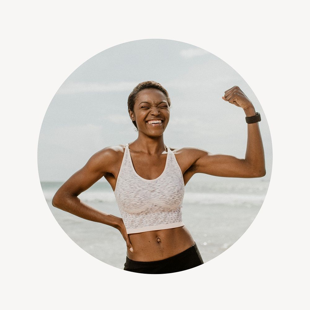 Healthy woman flexing muscle badge, wellness photo in round shape