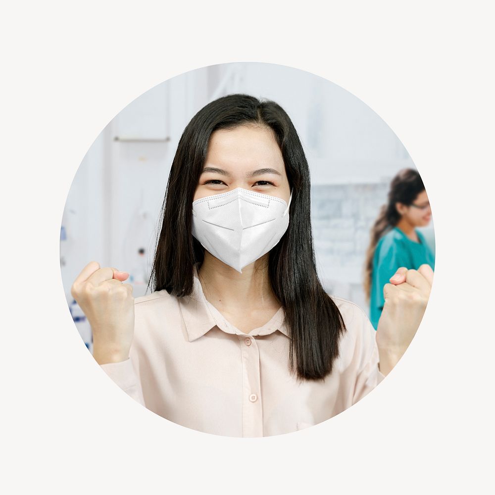 Cheerful woman wearing mask badge, COVID-19 safety photo in round shape