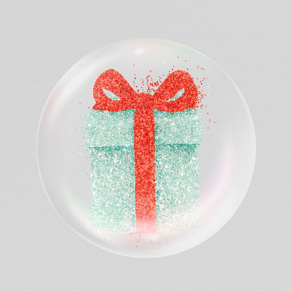 Christmas present sticker, glittery object in bubble psd