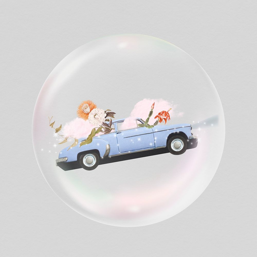 Surreal flying car in bubble, travel graphic