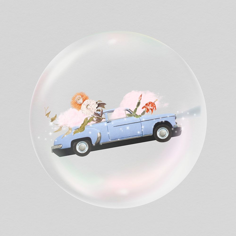 Surreal flying car sticker, vehicle in bubble, travel graphic psd