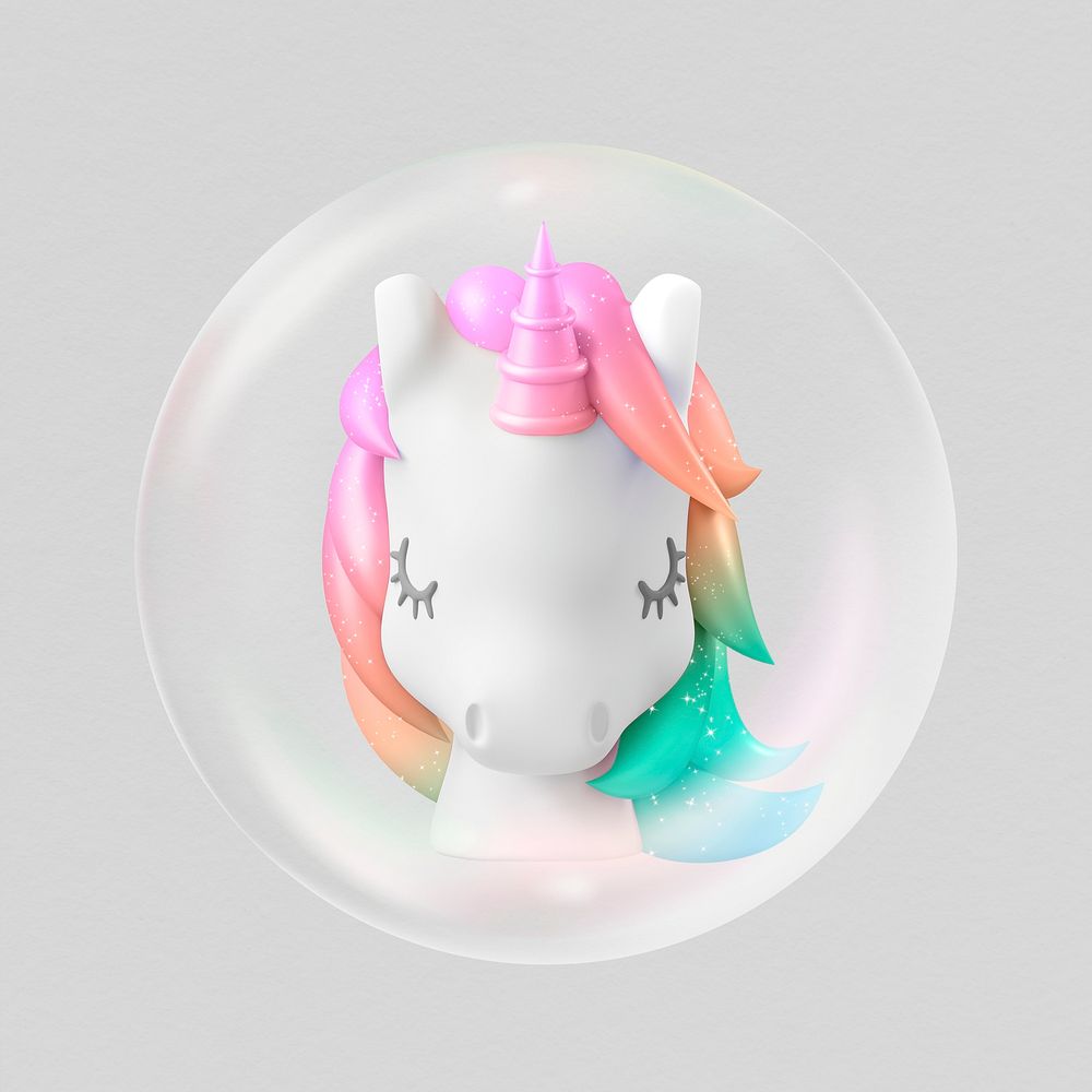 3D unicorn in bubble sticker, startup business concept art psd