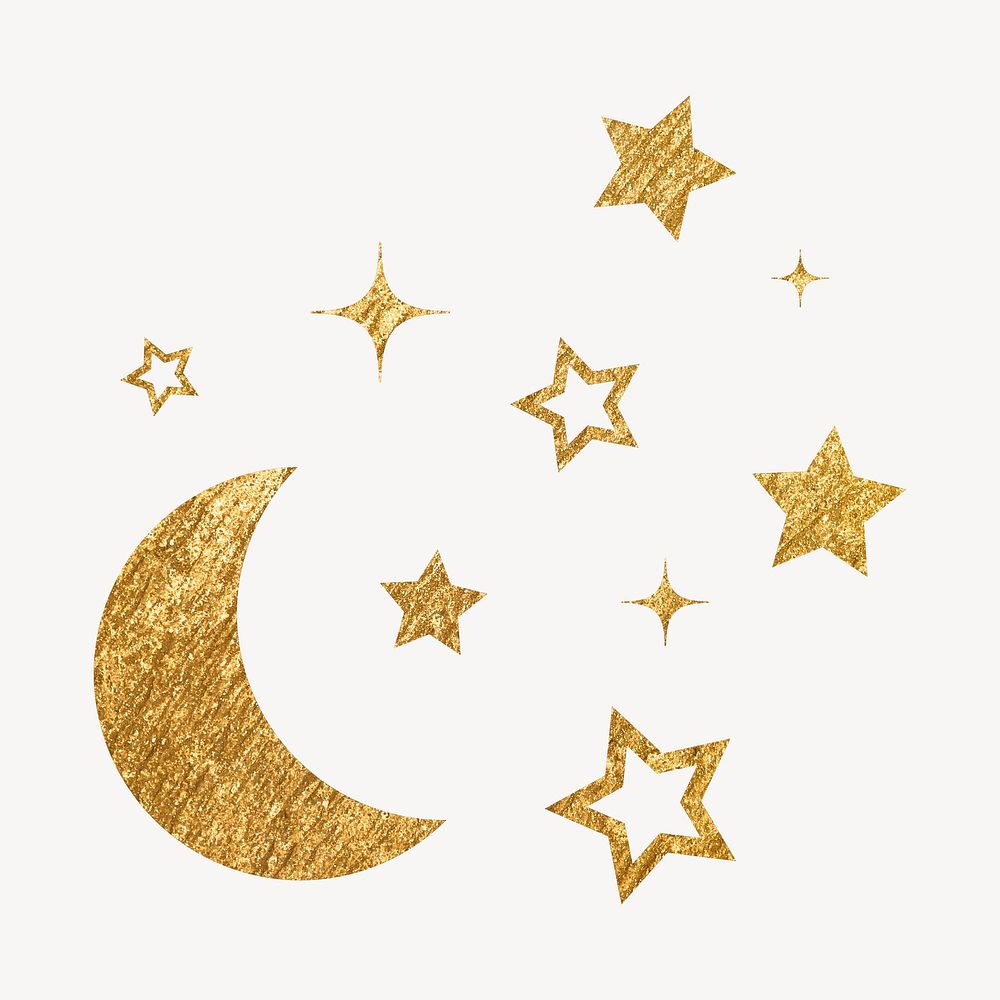 Aesthetic moon clipart, metallic stars in gold