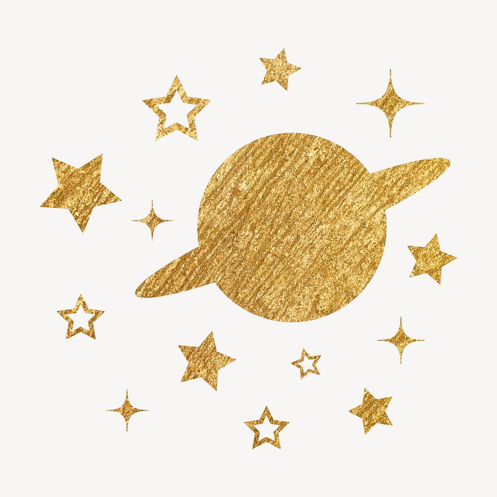Aesthetic Saturn sticker, metallic stars in gold psd