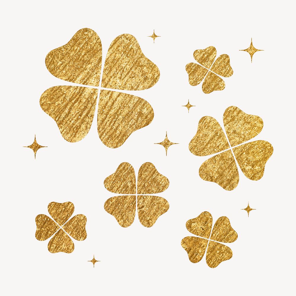 Gold clover leaves clipart, metallic botanical illustration