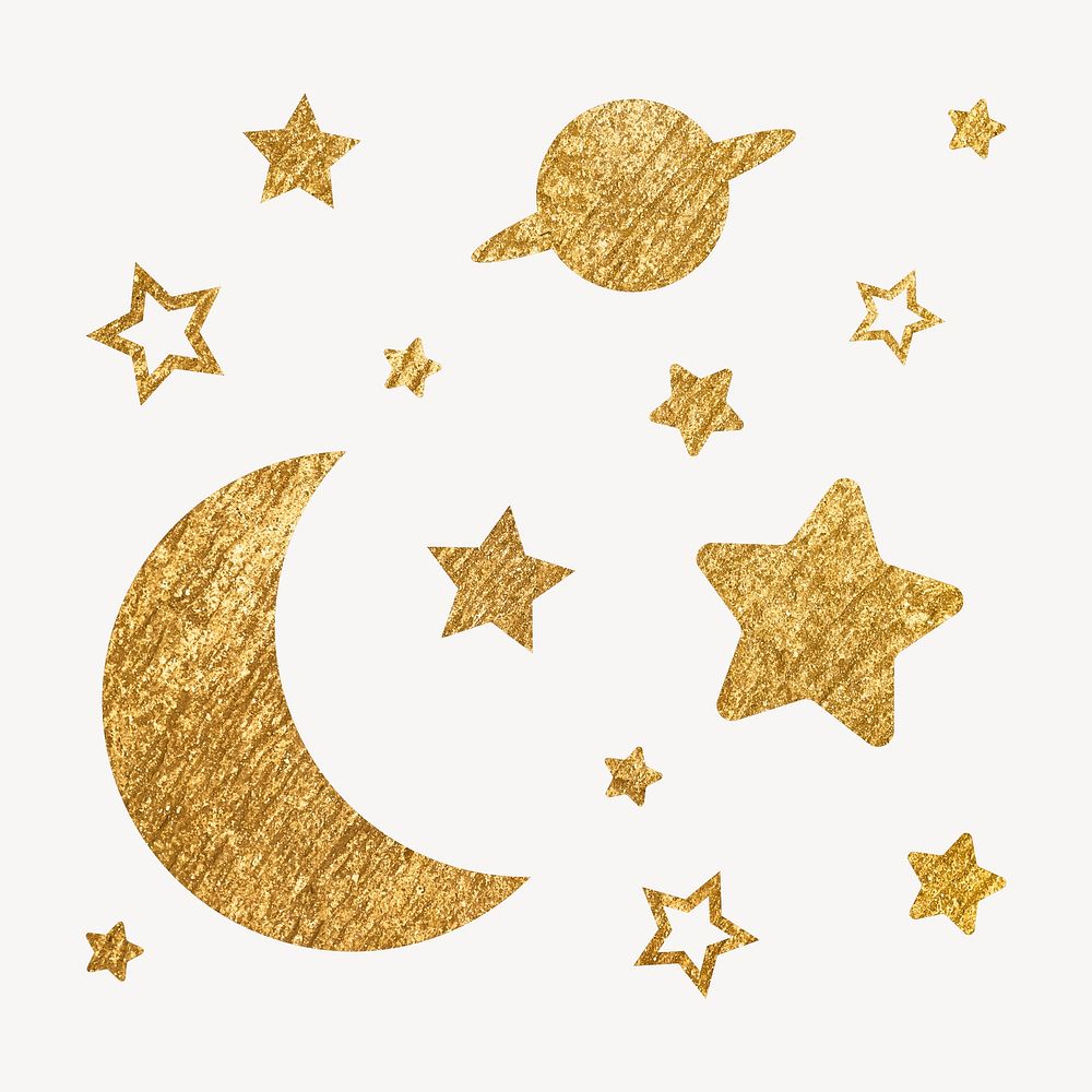 Aesthetic moon clipart, metallic stars in gold vector