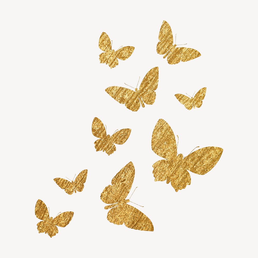 Gold butterflies sticker, metallic aesthetic silhouette psd