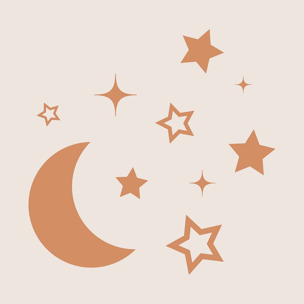 Moon, space clipart, brown stars in flat design vector