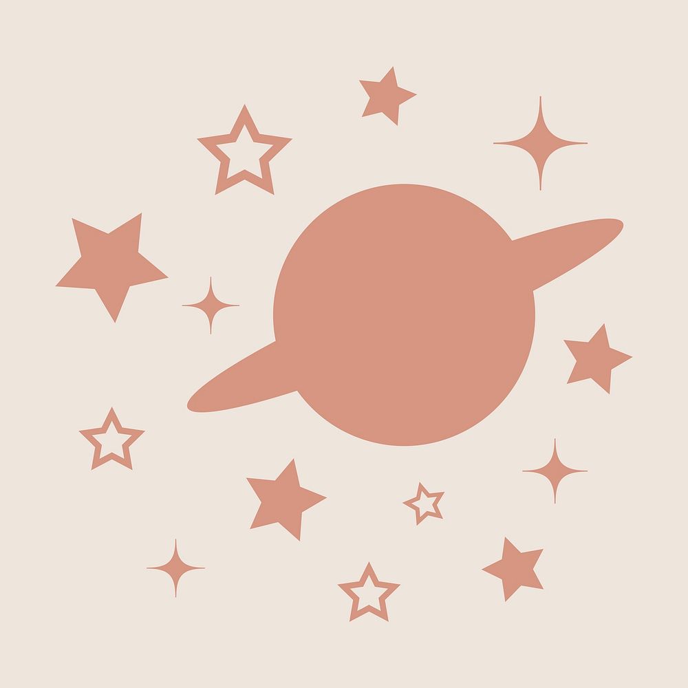 Saturn, galaxy sticker, pink stars in flat design psd