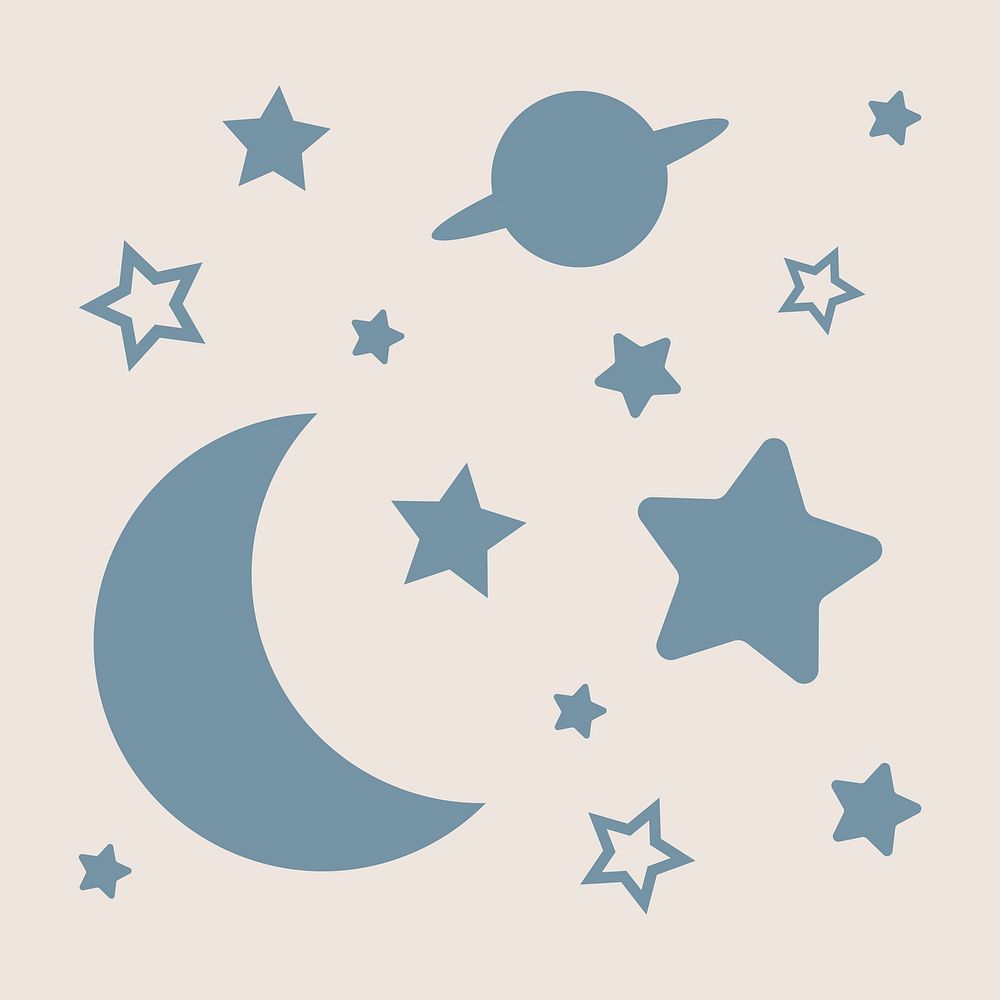 Moon, space clipart, blue stars in flat design