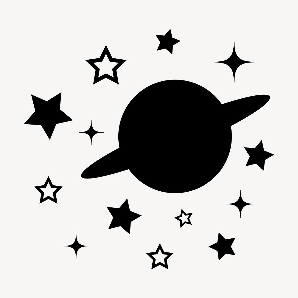 Saturn, galaxy sticker, black stars in flat design psd