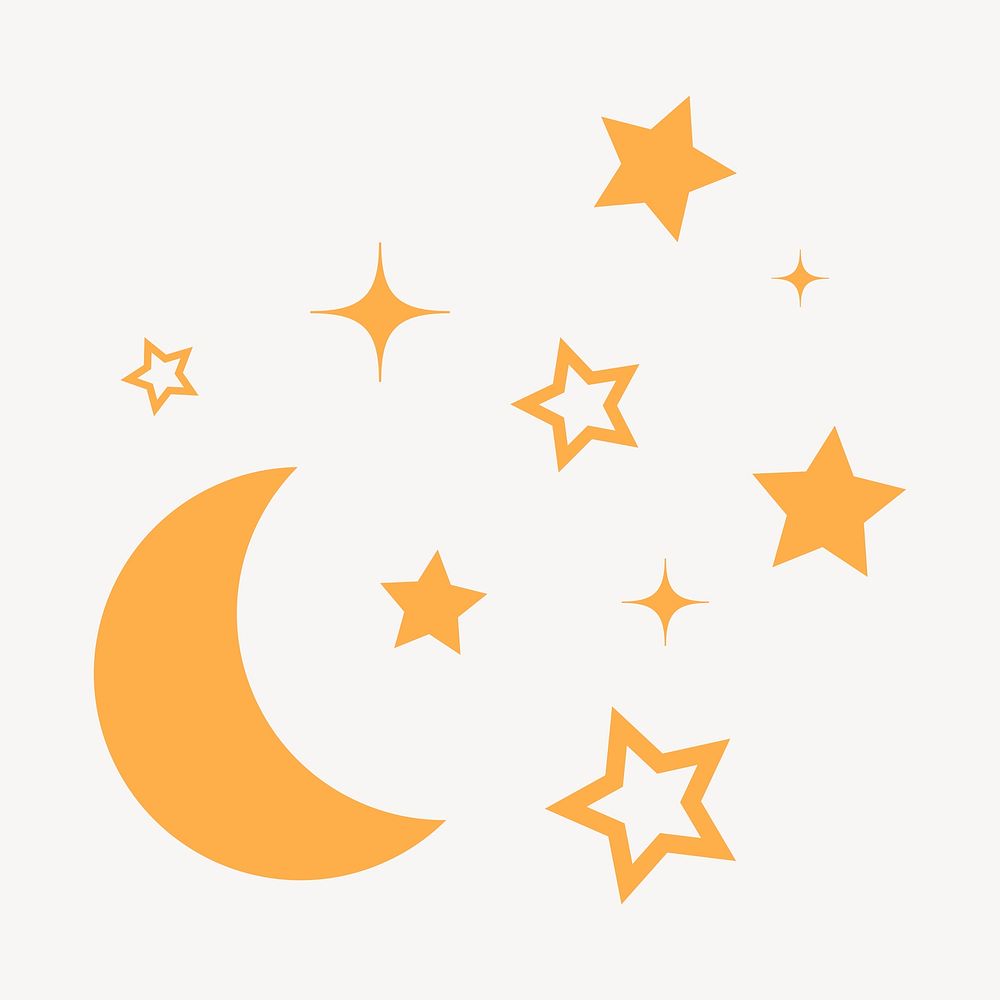 Moon, space sticker, yellow stars in flat design psd