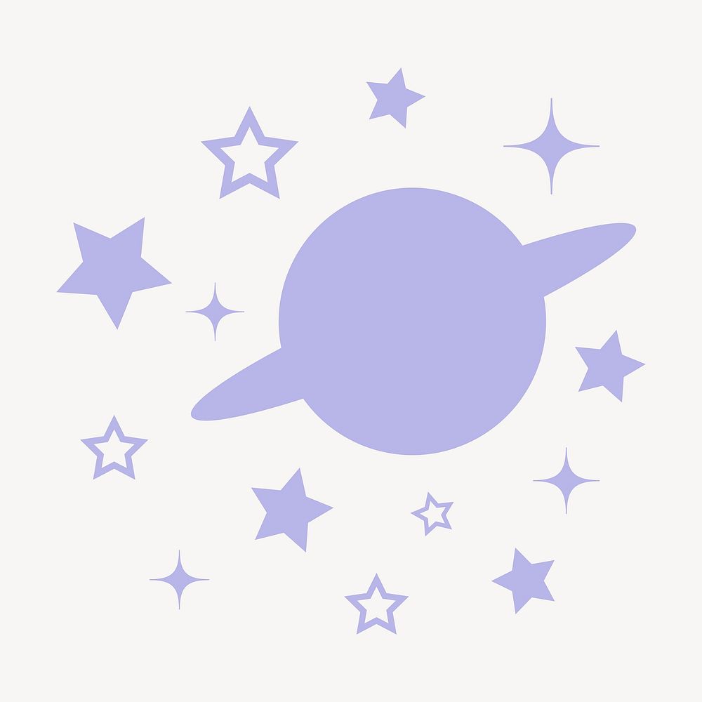Saturn, galaxy clipart, purple stars in flat design vector