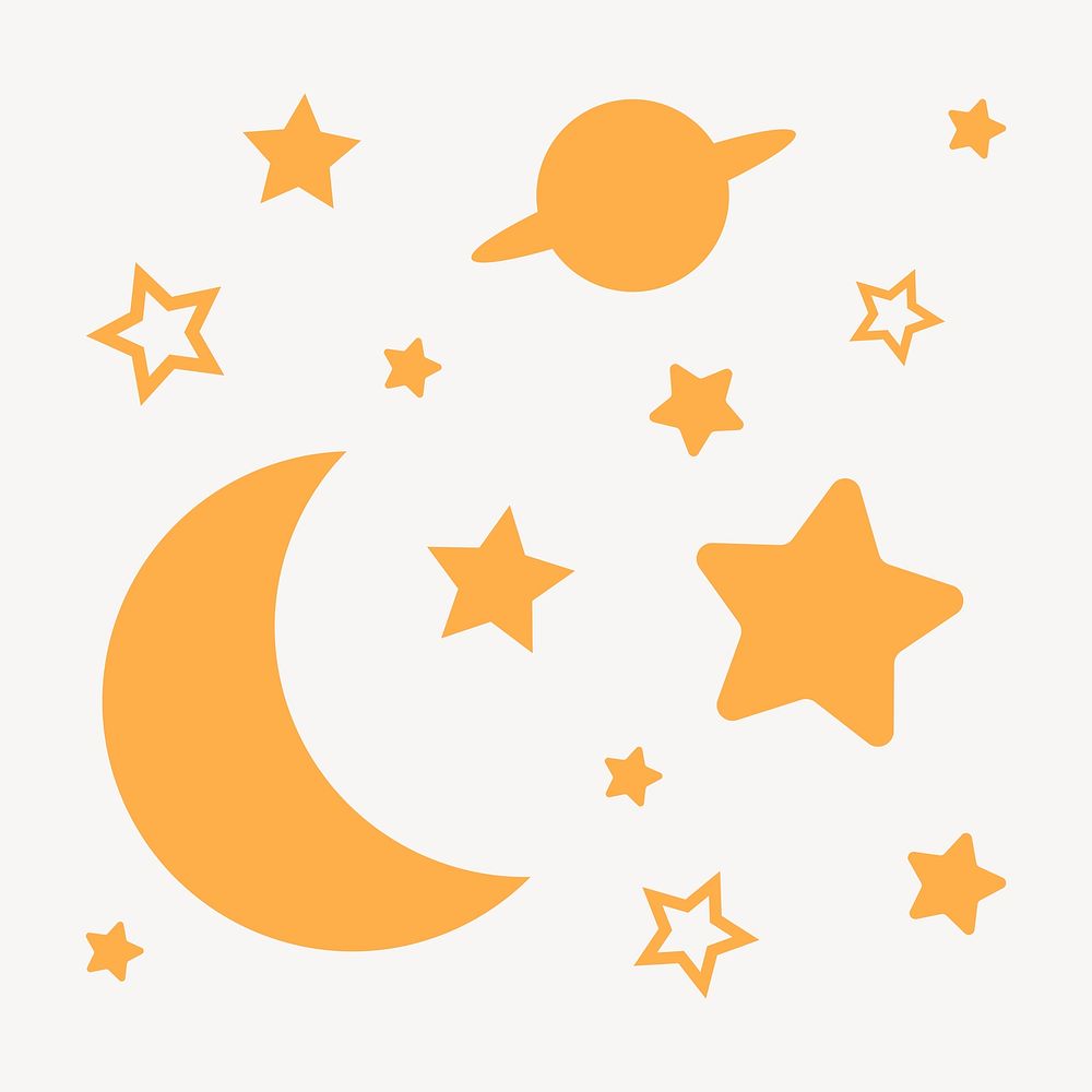 Moon, space sticker, yellow stars in flat design psd