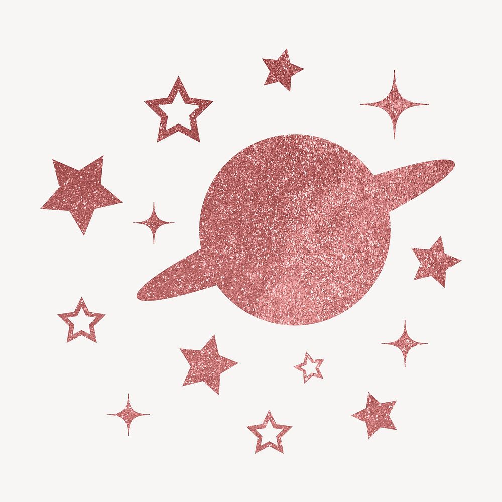 Aesthetic Saturn sticker, glittery stars in pink psd