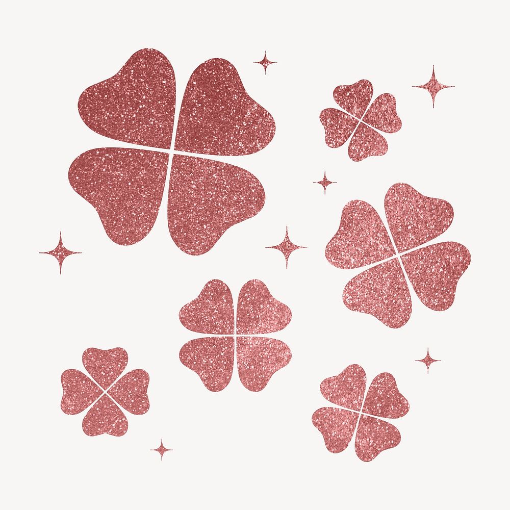 Sparkly clover leaves clipart, pink aesthetic botanical illustration vector