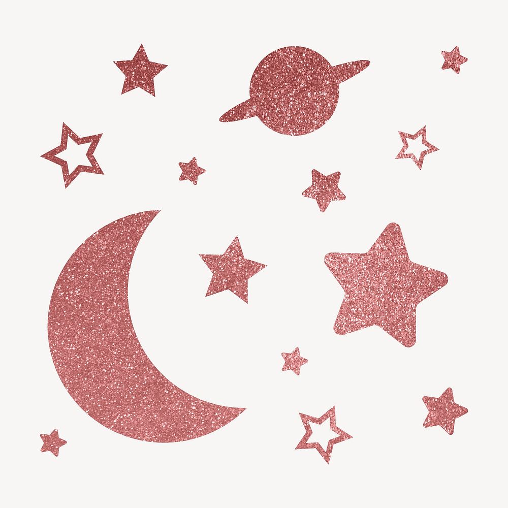 Aesthetic moon clipart, glittery stars in pink vector