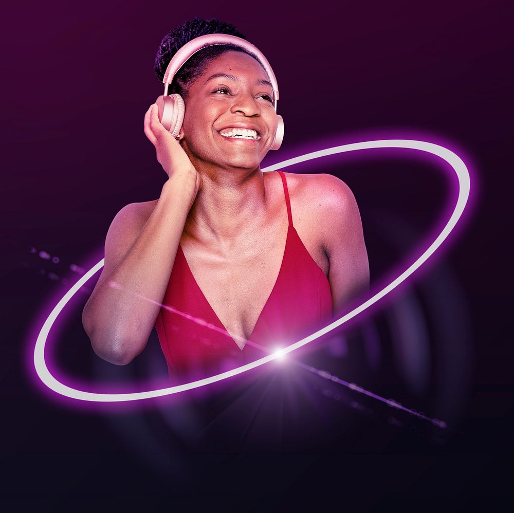 Woman listening to music, entertainment technology graphic