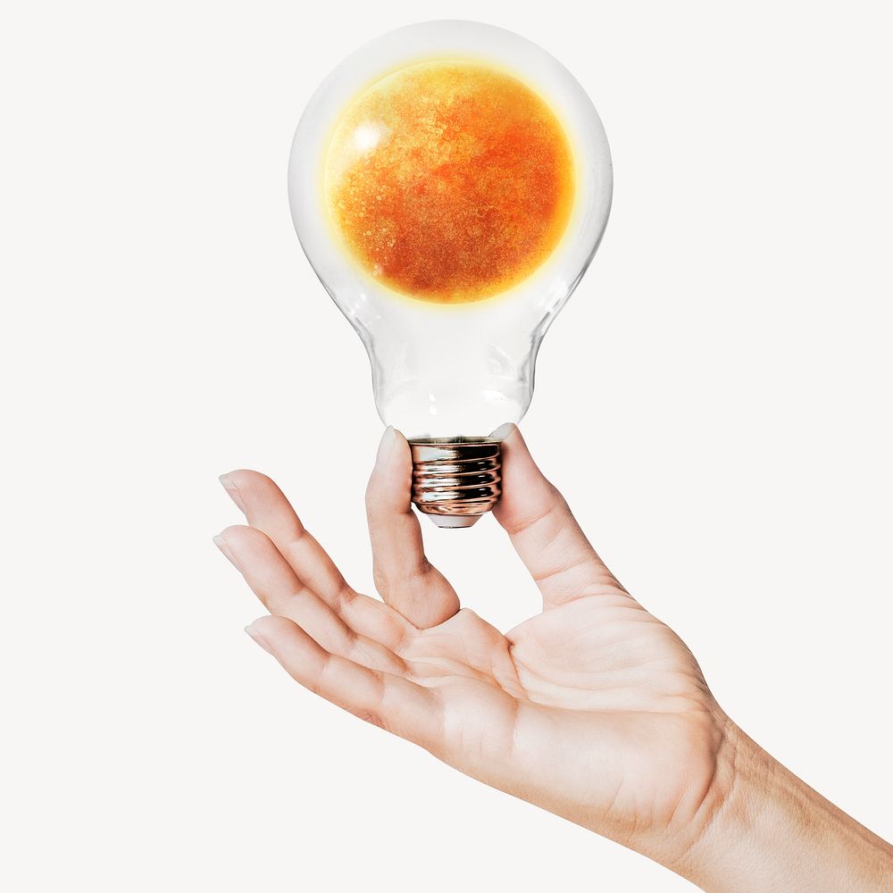Sun planet, hand holding light bulb, space concept art