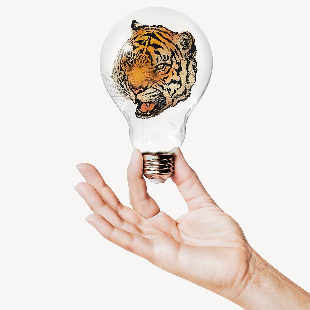 Roaring tiger, wildlife concept art with hand holding light bulb